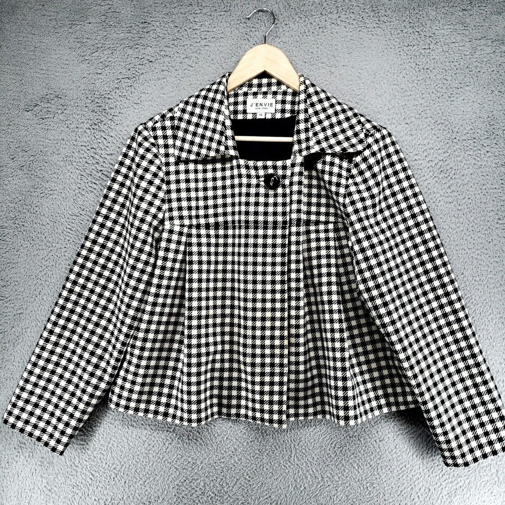 J Envie New York Women 14 Collared Button Front Gingham Check Jacket Black White